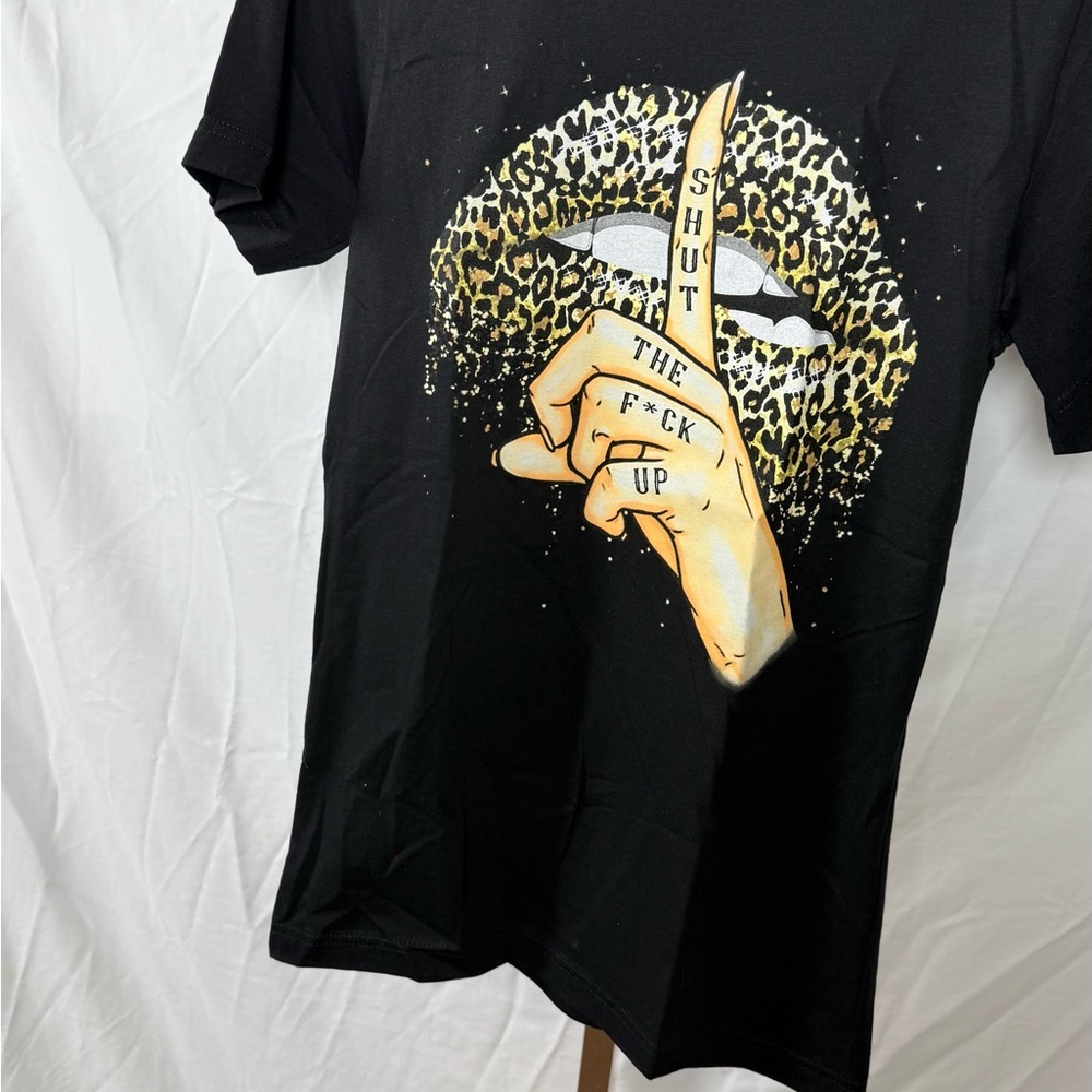 Women’s Black Graphic Tee with Leopard Lip and Shushing Hand